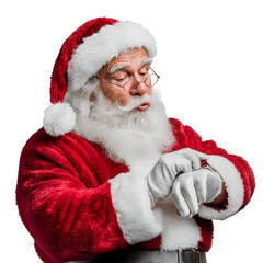 Santa Claus checking his watch conveying a sense of urgency or surprise about the time
