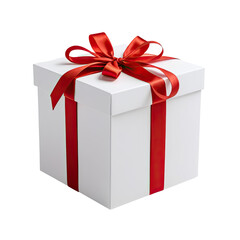 A pristine white gift box tied with a vibrant red ribbon