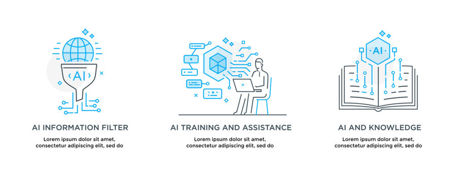 Set of illustrations concept with businessmen. technology, partnership, artificial intelligence business robot, cybes. linear illustration Icons infographics. Landing page site print poster. Line