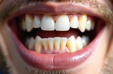 Close-up of mans mouth revealing anterior crossbite. Noticeable curved teeth demonstrate dental misalignment requiring orthodontic intervention. Image highlights oral health concerns, potential
