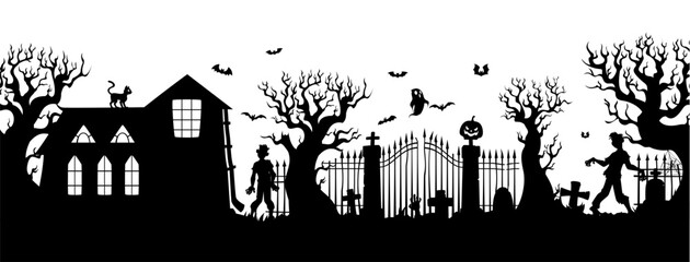 Obraz premium Halloween haunted graveyard cemetery silhouette. Vector zombie monster figures, ghosts, pumpkin head near iron gates, gravestone and bare trees silhouettes on graveyard cemetery for Halloween holiday
