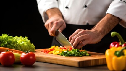 Skill working hand concept. Chef chopping colorful vegetables on a wooden cutting board in a kitchen setting.