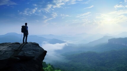 Fototapeta premium Hiker Standing on Cliff Edge Overlooking Mountain Landscape at Sunrise