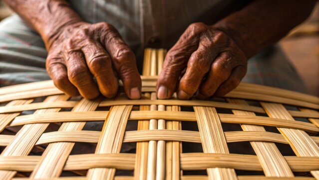 Skill working hand concept. Hands skillfully weaving a wicker basket, showcasing craftsmanship and tradition.