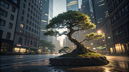 Illuminated Bonsai Tree in Modern Dark Cityscape