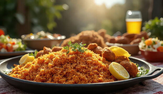 Delicious bulgur pilaf with chicken and lemon on a rustic wooden table