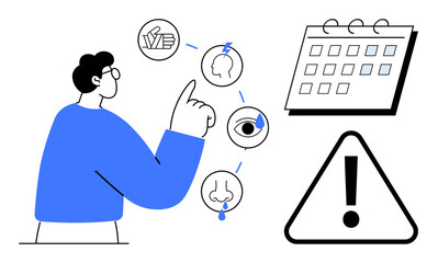 Person pointing at interconnected sensory icons representing observation, calendar, and warning sign. Ideal for safety, awareness, risk management, planning, decision-making evaluation. Simple flat