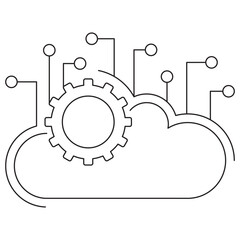 Cloud Infrastructure in Machine Learning Infrastructure Icon. A vector pictogram with thin black lines on a transparent background. The line thickness is editable. It features a gear on a cloud