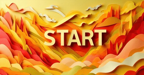 Papercraft landscape features warm colors, mountains, clouds. Bold START text dominates center, inviting action. Bright, textured design.