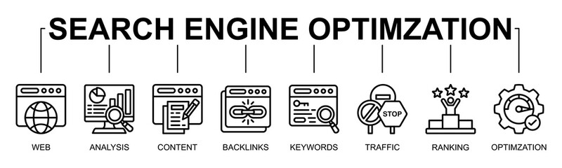 Search Engine Optimization banner web icon vector line style illustration concept with icon of SEO, search engine optimization, digital marketing, web traffic, keyword ranking
