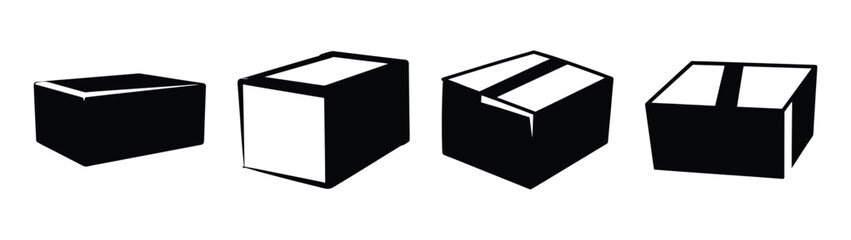 Shipping boxes icons set simple black and white carton package delivery logistics elements minimalist design e-commerce