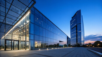Blue Glass Facade of Modern Corporate Skyscraper Building