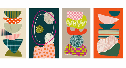 Set of four contemporary abstract posters featuring balanced organic shapes, playful patterns, and textured elements in a modern, bold color scheme