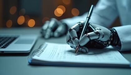 A robotic hand writes in a notepad near a laptop. Image shows tech taking notes in a pro context. Concept illustrates AI assistance in modern business.