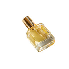Elegant perfume bottle isolated on transparent background with golden accents