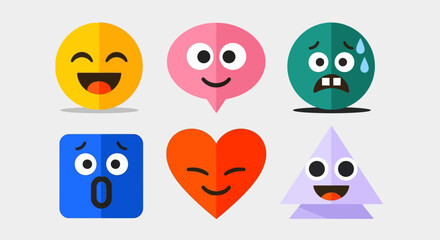 Vibrant collection of geometric emoji icons showcasing different emotions. Flat style character faces perfect for social media, web, and app interfaces