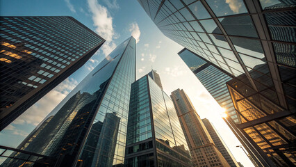 Low-Angle Perspective of Modern Glass Skyscraper Architecture