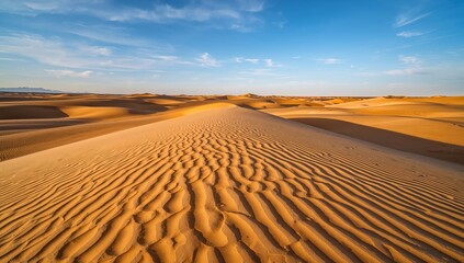 Dunescape at Sunset, with Linear Patterns in Sand and a Bright Blue Sky Above.