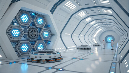 Futuristic White Laboratory Interior with Hexagonal Design