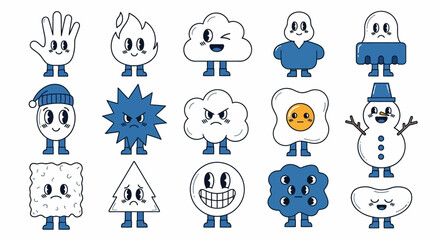 A whimsical collection of trendy retro cartoon mascot characters. Funny and groovy objects with faces, legs, and vintage animation style