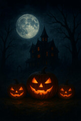 Jack o lantern pumpkins glowing near haunted house with full moon for Halloween