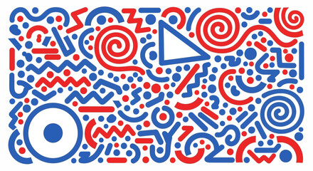 Dynamic abstract composition of retro 80s geometric shapes featuring a vibrant pattern of red and blue doodles and spirals