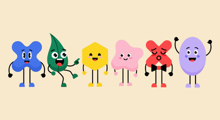 Dynamic ensemble of animated geometric and abstract shape mascots expressing a spectrum of emotions from joy to grumpiness