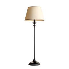 A classic floor lamp with a beige shade and a dark stand stands isolated on a clean white background
