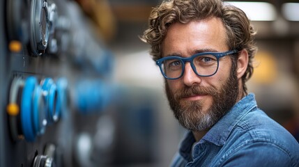 Skilled artisan poses confidently near precision tools in a well-equipped workshop, evoking passion for craftsmanship