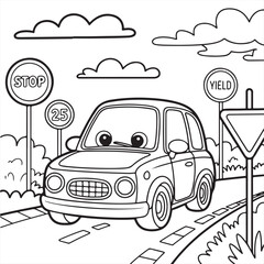 Coloring book kdp vector art of cute cartoon car with a smiling face driving on a road with stop and yield signs, black and white line art for coloring, perfect for childrens educational content