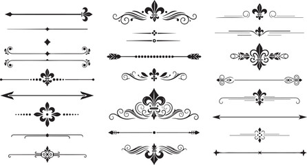Royal lily decorative borders. Elegant fleur-de-lis frame dividers with vintage ornamental flourish design for labels, certificates, or diplomas. Vector illustration.eps
