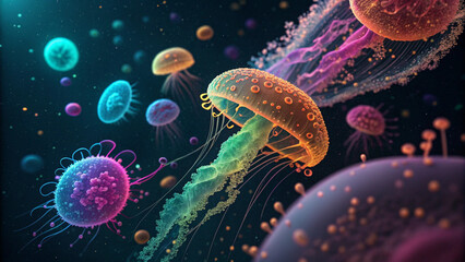 Abstract Bioluminescent Pink and Purple Jellyfish Network