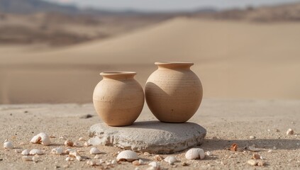Earthen Vessels on Stone Coastal Still Life with Textures and Muted Tones.