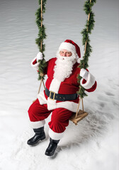 Smiling Santa Claus on a wooden swing with garlands, posing against a snowy background.