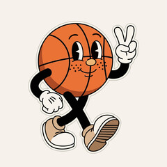 A cheerful walking basketball character mascot with a happy face, making a peace sign gesture in a groovy retro cartoon style illustration
