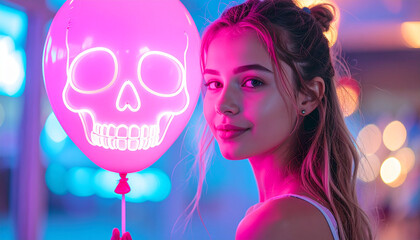 Woman with a pink skull balloon