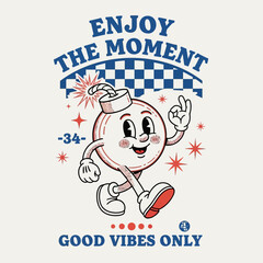 A charming retro bomb character with a lit fuse spreading good vibes, a vintage mascot vector illustration for apparel and merchandise
