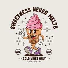 A fun retro cartoon ice cream cone mascot with a smiling face and a peace sign. This vintage character illustration is perfect for a sweet dessert brand design