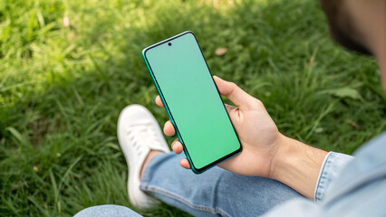 Person Sitting with Green Screen Smartphone for App Mockup