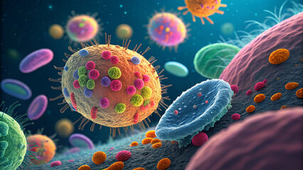 Close-up of Colorful Microscopic Virus Cells Illustration