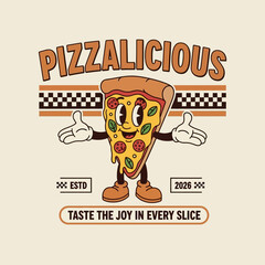 A fun vintage mascot of a cheerful pizza slice character in a retro cartoon style. Classic food illustration perfect for a pizzeria logo or emblem design