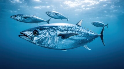 Naklejka premium Tuna fish swimming gracefully underwater in the deep blue ocean.