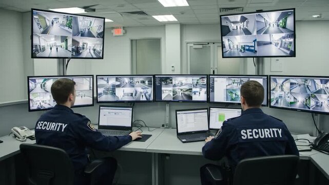 Two security personnel monitor multiple surveillance feeds on screens in a control room