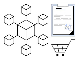 Network of interconnected cubes, signed document, and shopping cart highlighting themes of blockchain, digital security, contracts, transactions, e-commerce, trust management and innovation. Ideal
