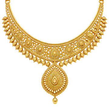 Exquisite 22 karat gold necklace featuring intricate detailing and a central medallion pendant adorned with traditional indian motifs