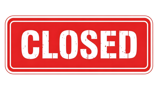 Punchy red CLOSED sign with distressed texture, isolated on a white or transparent background.