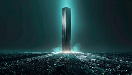 Mysterious monolith rising from a desolate landscape under a teal sky.
