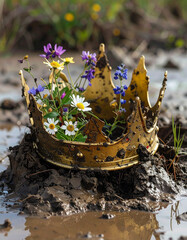 Golden crown adorned with wildflowers in a muddy puddle