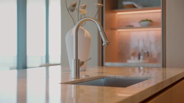 Modern kitchen interior with sleek stainless steel faucet and sink set into polished stone countertop. Background of white vase with dried flowers sits on wooden surface