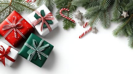 Colorful candy canes and neatly wrapped gifts create a cheerful holiday setting that invites celebration and joy